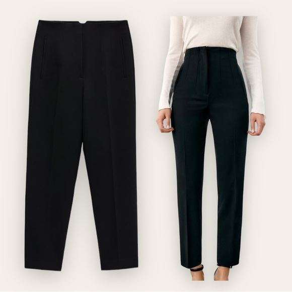 ZARA - High Waisted Darted Black Trouser Pant with Side Pockets - Picture 1 of 14